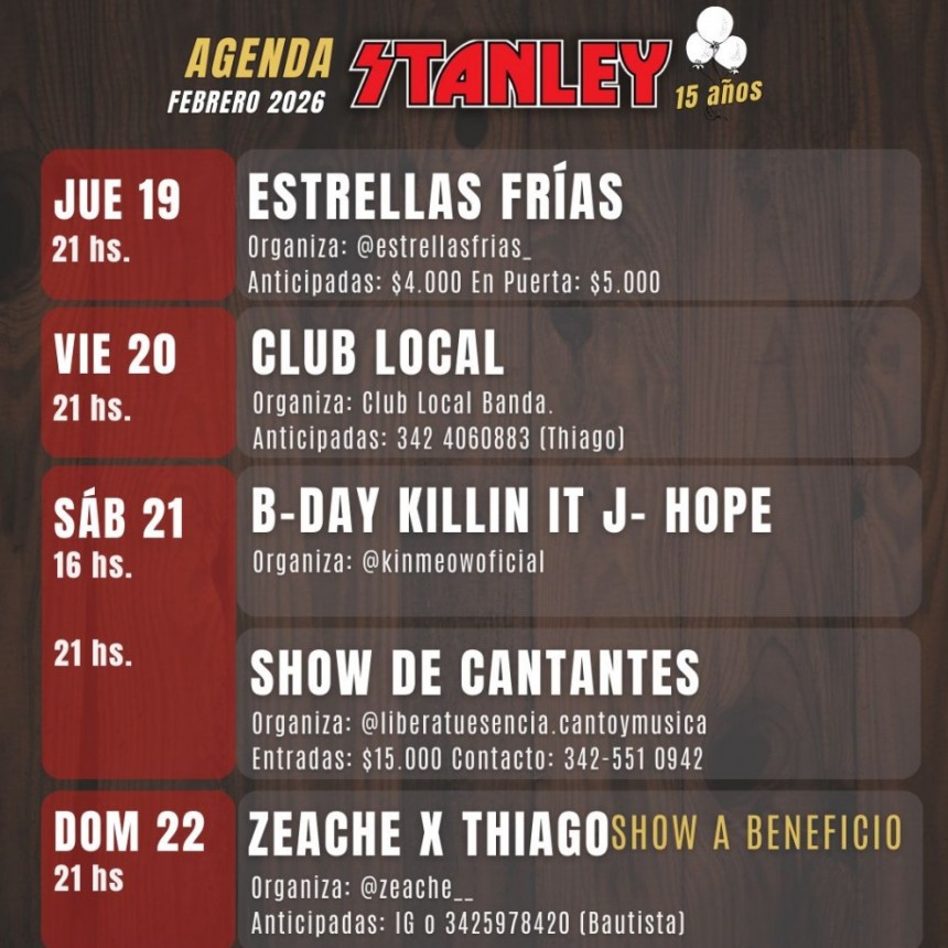 Agenda de Stanley Bar del 19/2 al 22/2