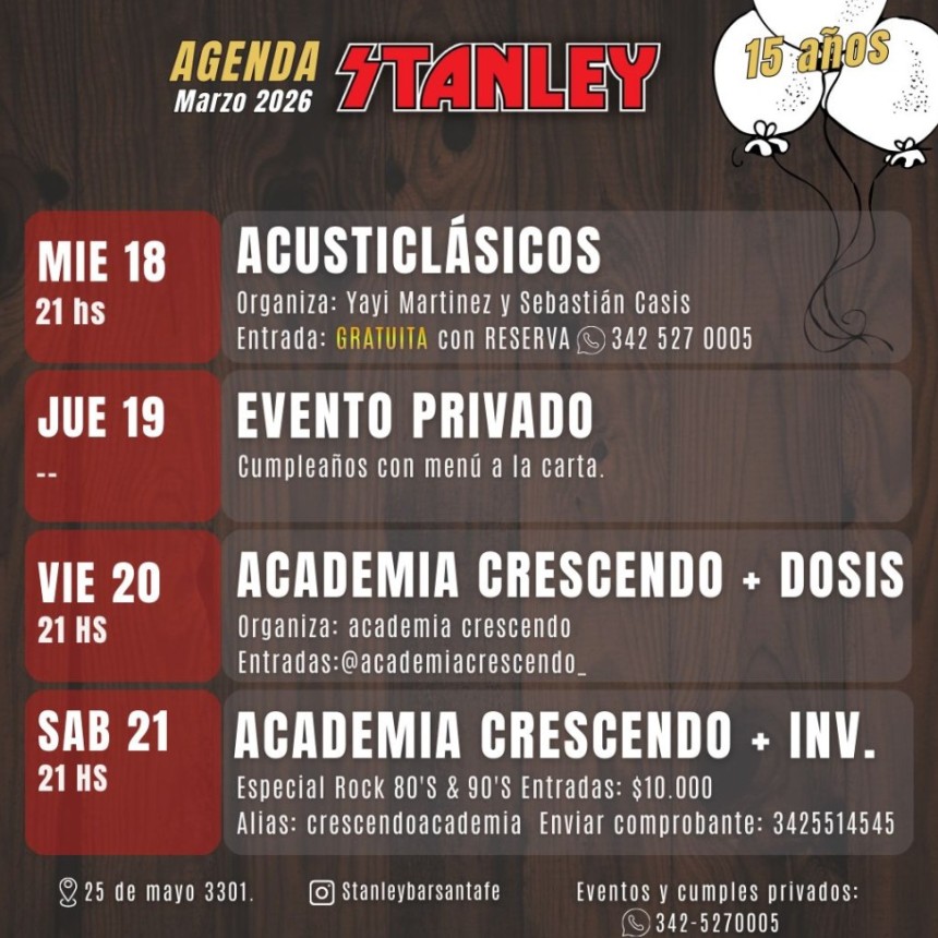 Programaci&oacute;n de Satnley Bar 