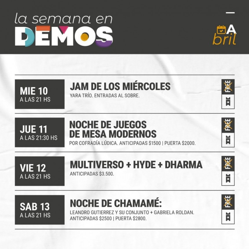 DEMOS y su programaci&oacute;n del 10/4 al 13/4