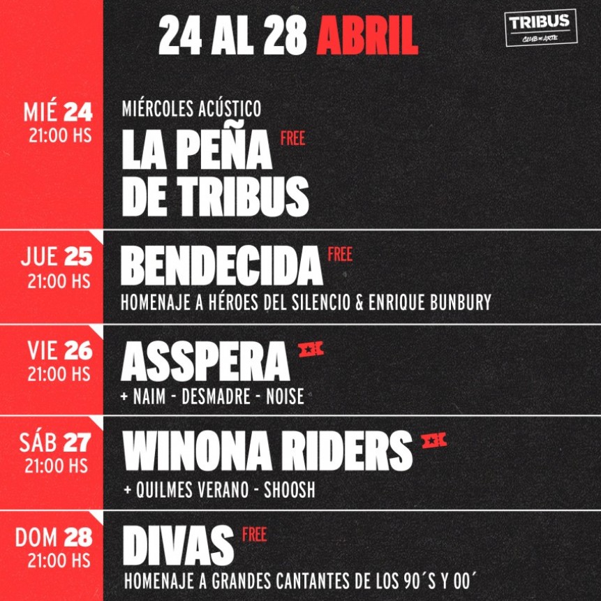Agenda de Tribus del 24/4 al 28/4