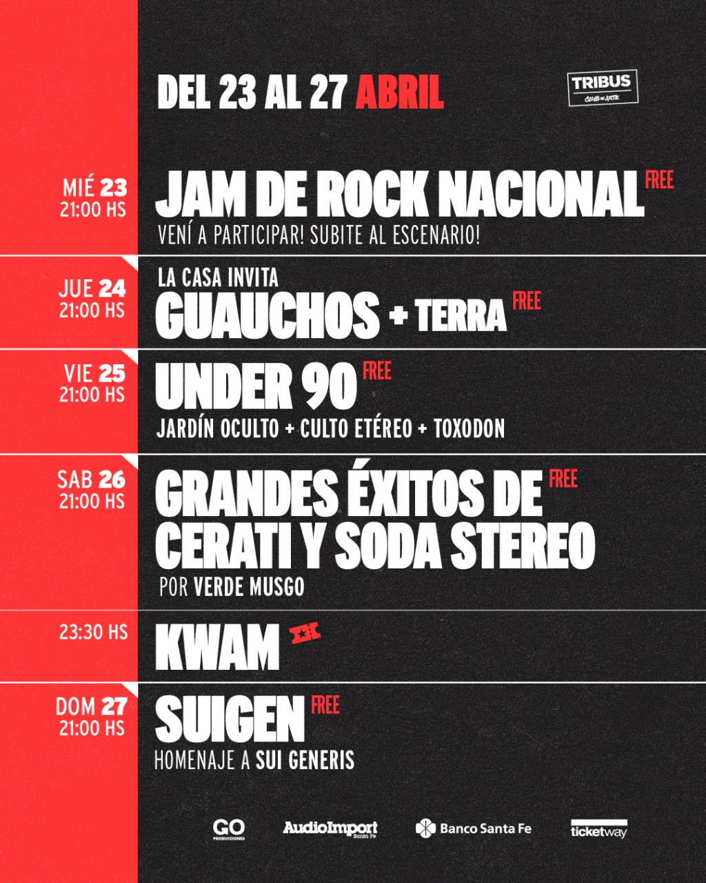 AGENDA SEMANAL TRIBUS CLUB DE ARTE:  MIÉRCOLES 23 A DOMINGO 27 DE ABRIL