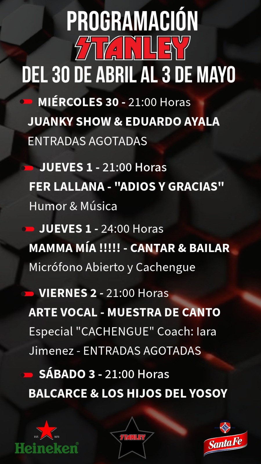 Programación de Stanley Bar del 30/4 al 3/5