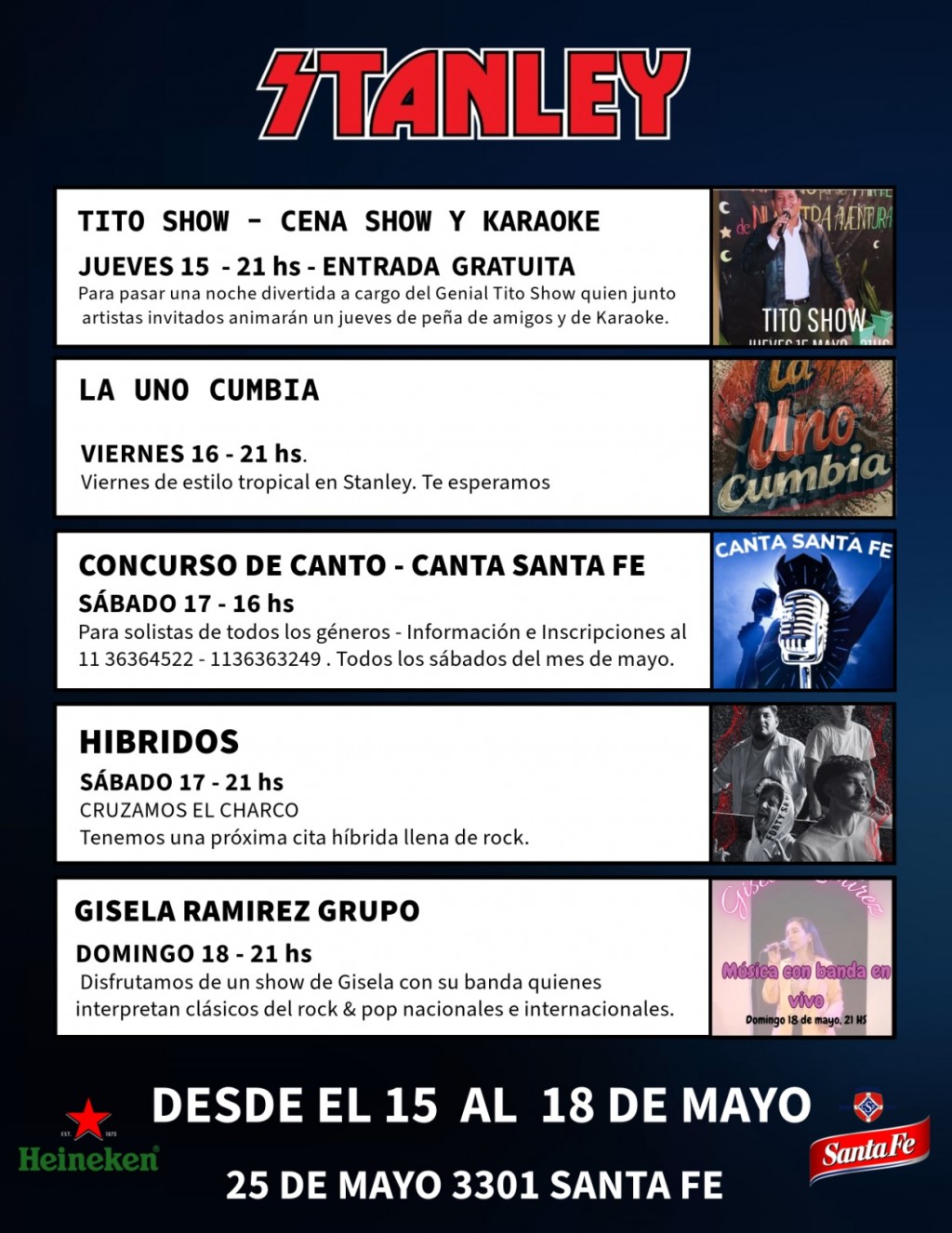Programación de Stanley Bar del 15/5 al 18/5
