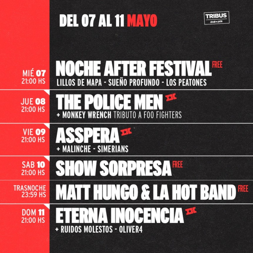 Programación de TRIBUS Club de Arte del 7/5 al 11/5