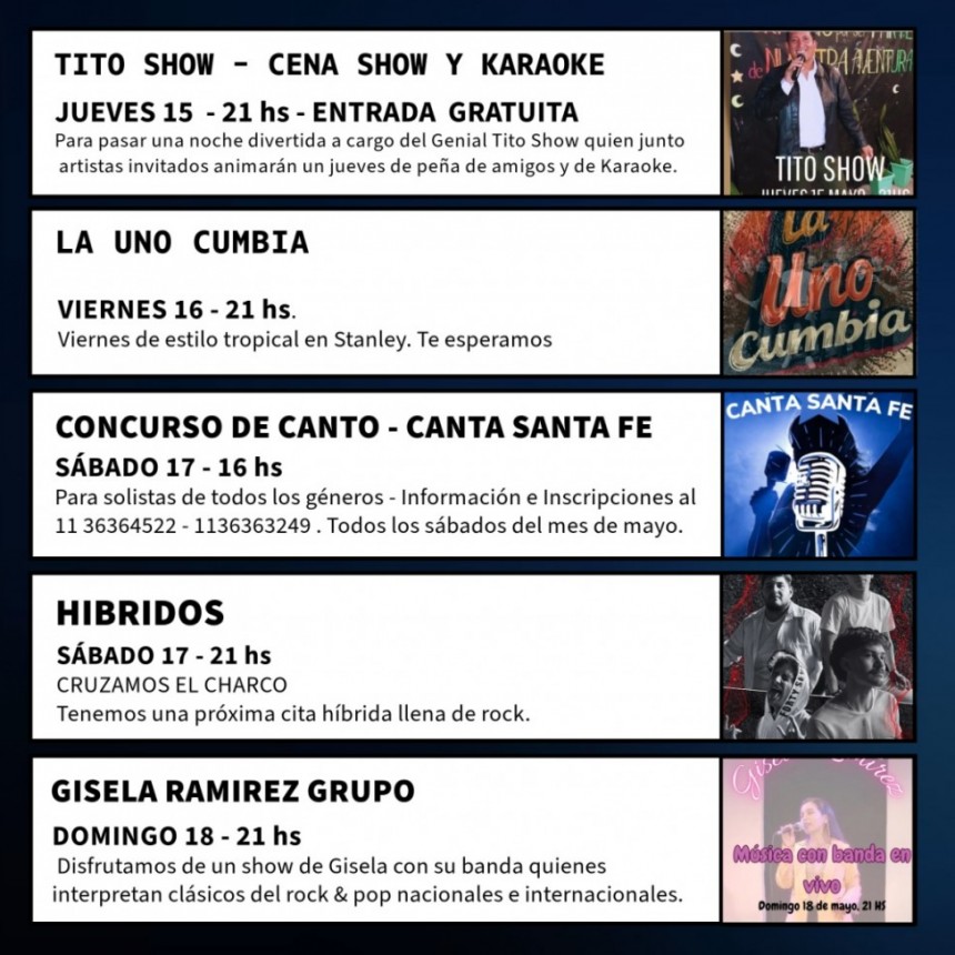 Programación de Stanley Bar del 15/5 al 18/5