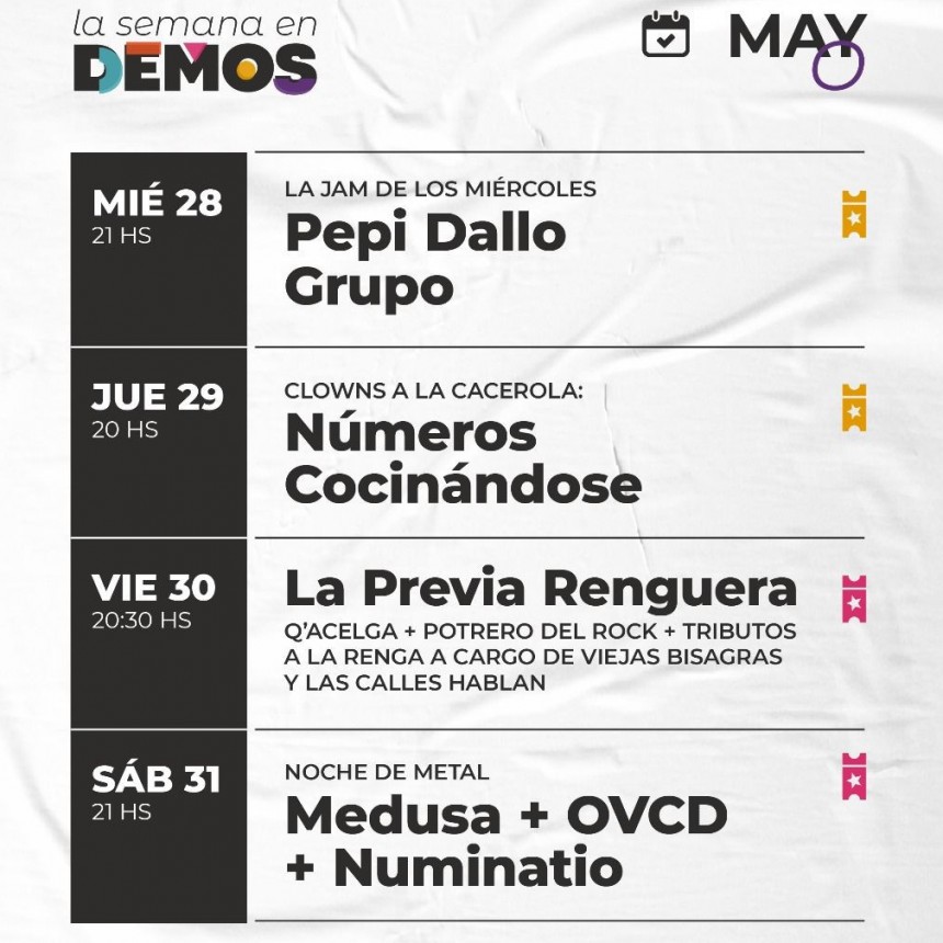 AGENDA SEMANAL de DEMOS del 28/5 al 31/5