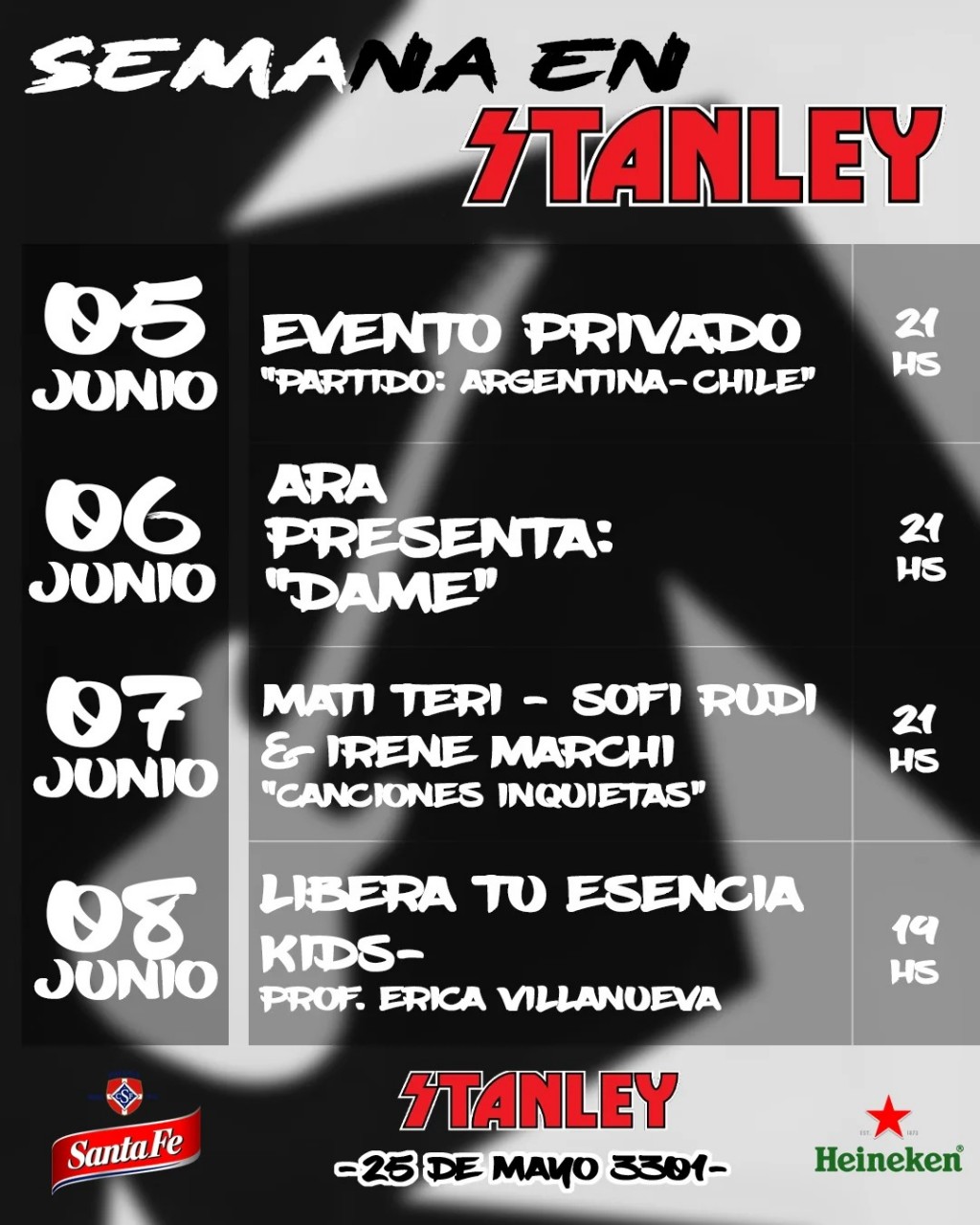 Programación de Stanley Bar del 5/6 al 8/6