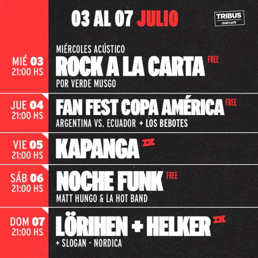 La semana de TRIBUS Club de Arte del 3/7 al 7/7 