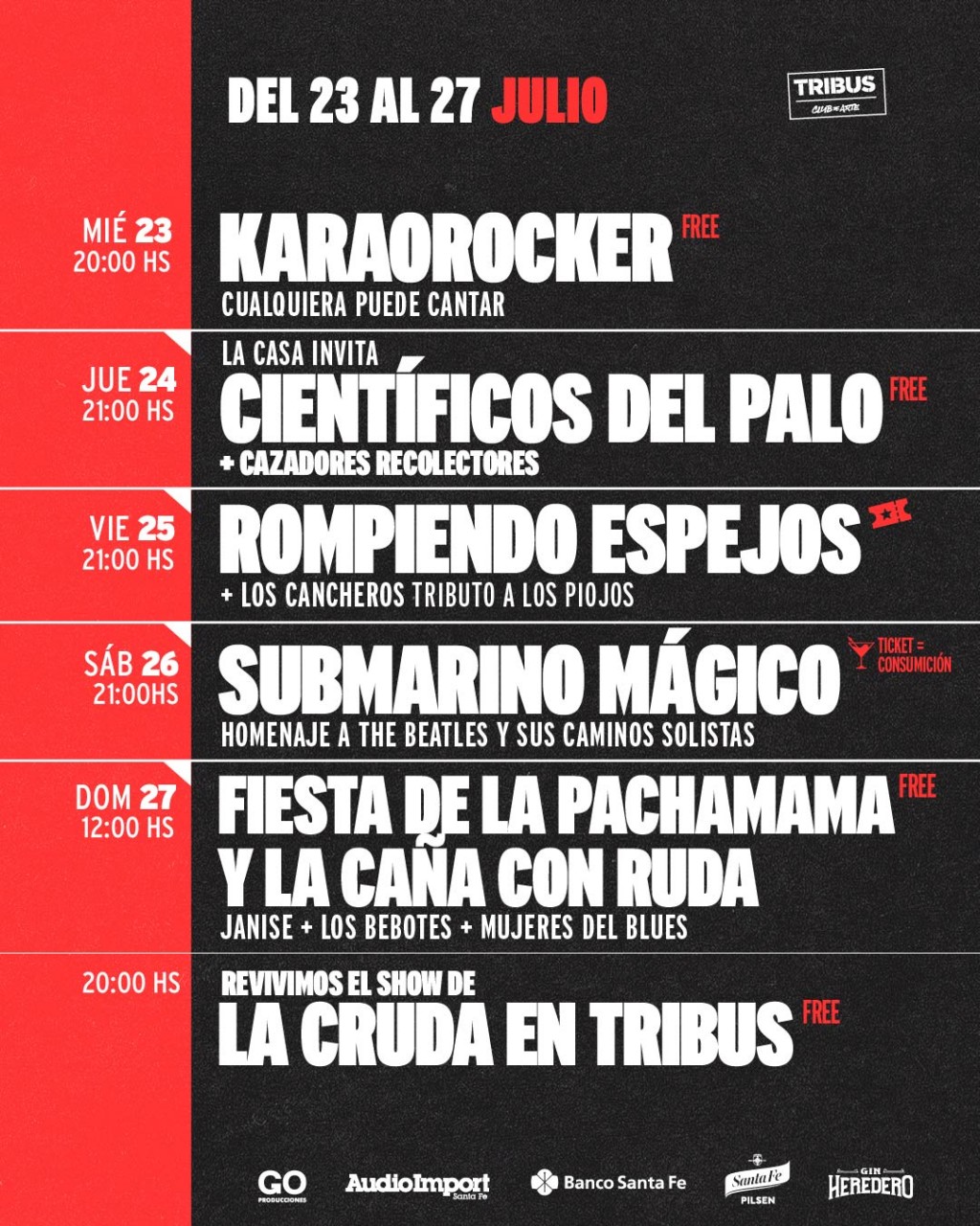 AGENDA SEMANAL TRIBUS CLUB DE ARTE:  MIÉRCOLES 23 A DOMINGO 27 DE JULIO