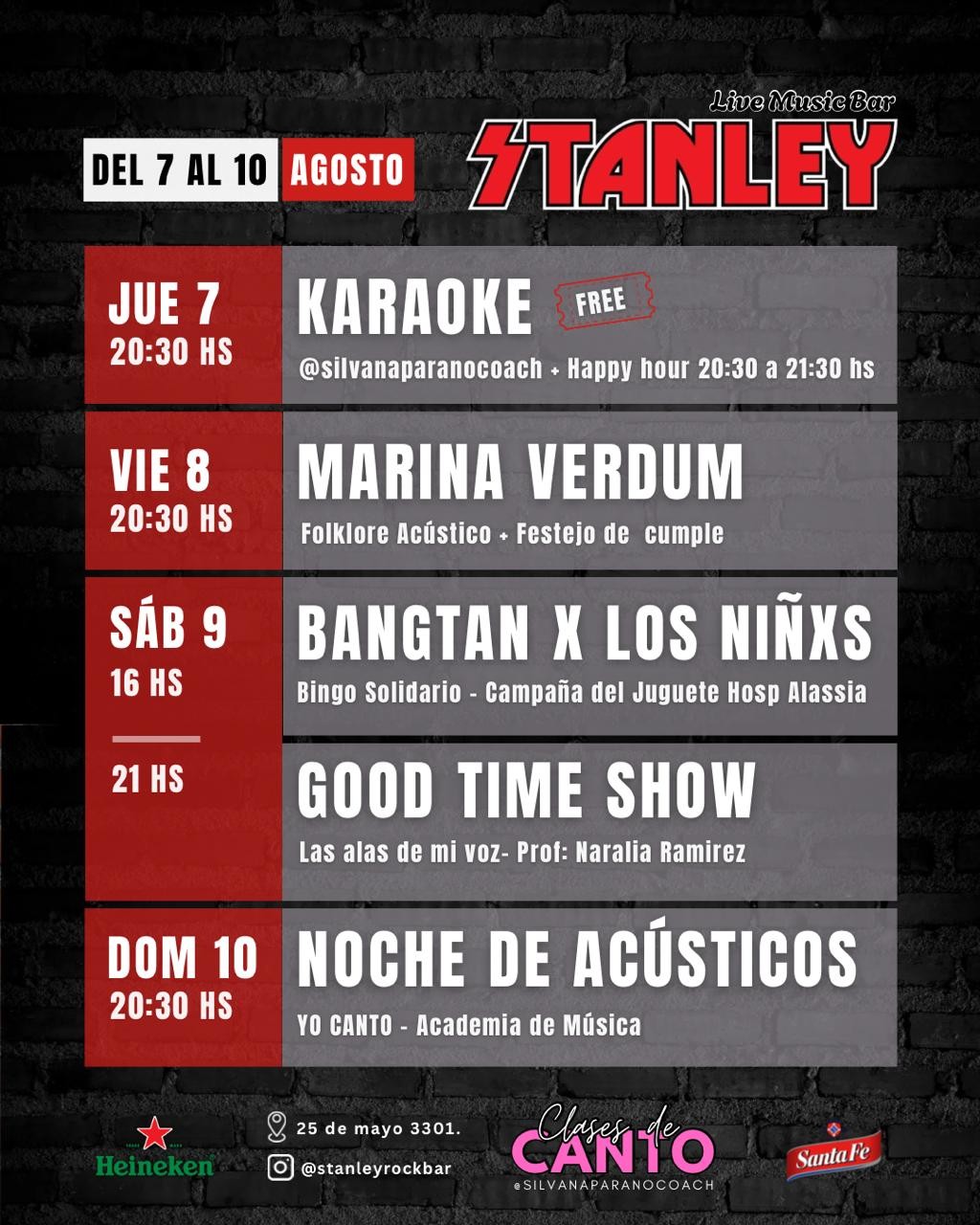 Agenda de Stanley Bar del 7/8 al 10/8