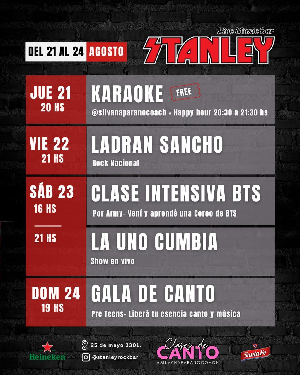 Programación de STANLEY BAR para esta semana