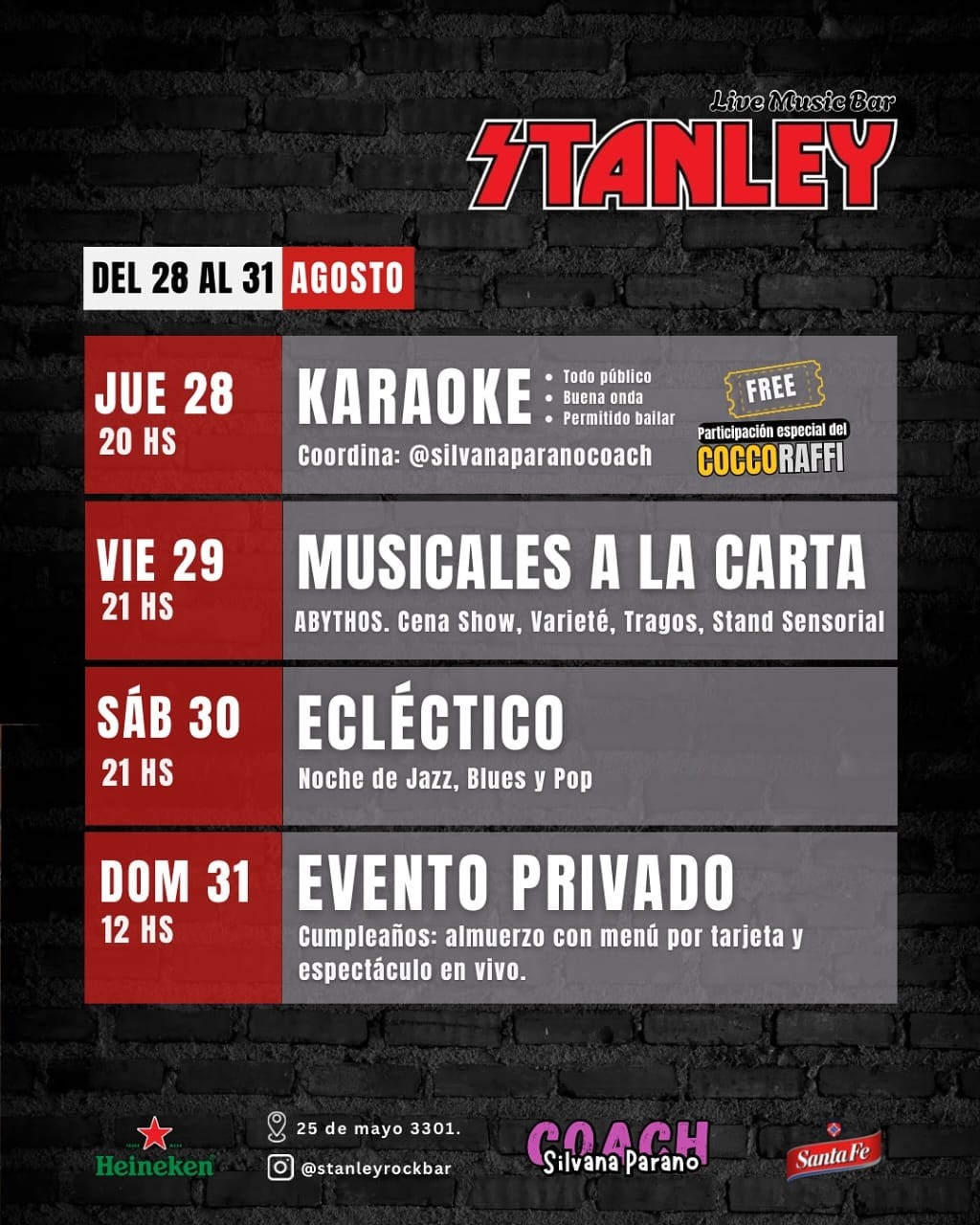 Programación de Stanley Bar del 28/8 al 31/8