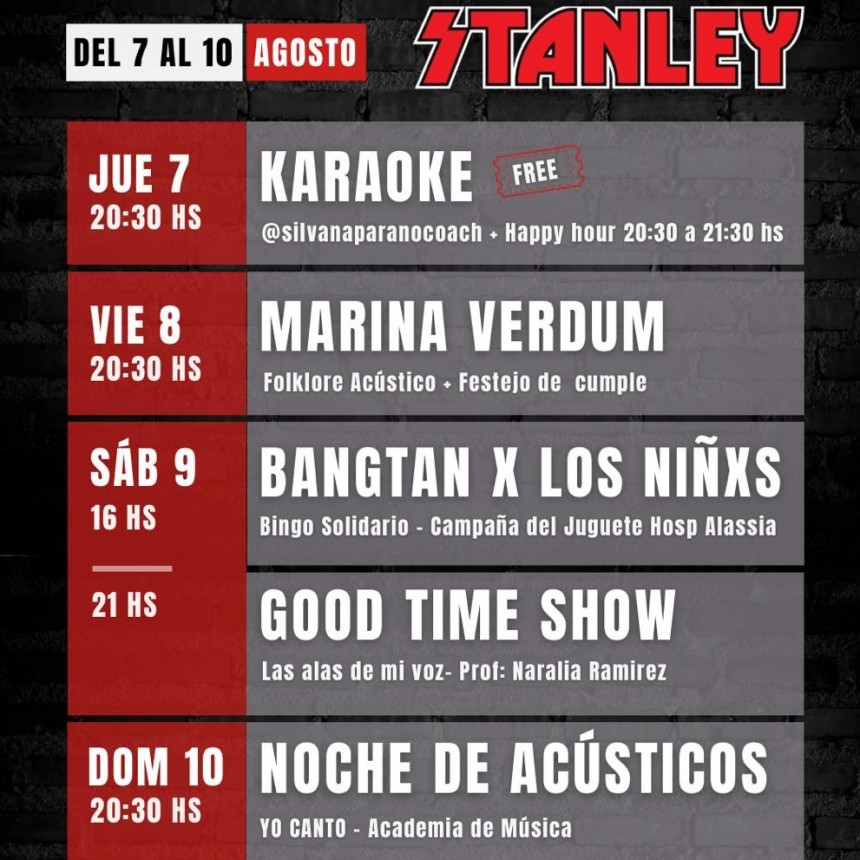 Agenda de Stanley Bar del 7/8 al 10/8
