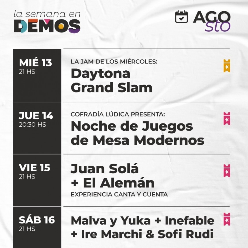 Programación de DEMOS del 13/8 al 16/8