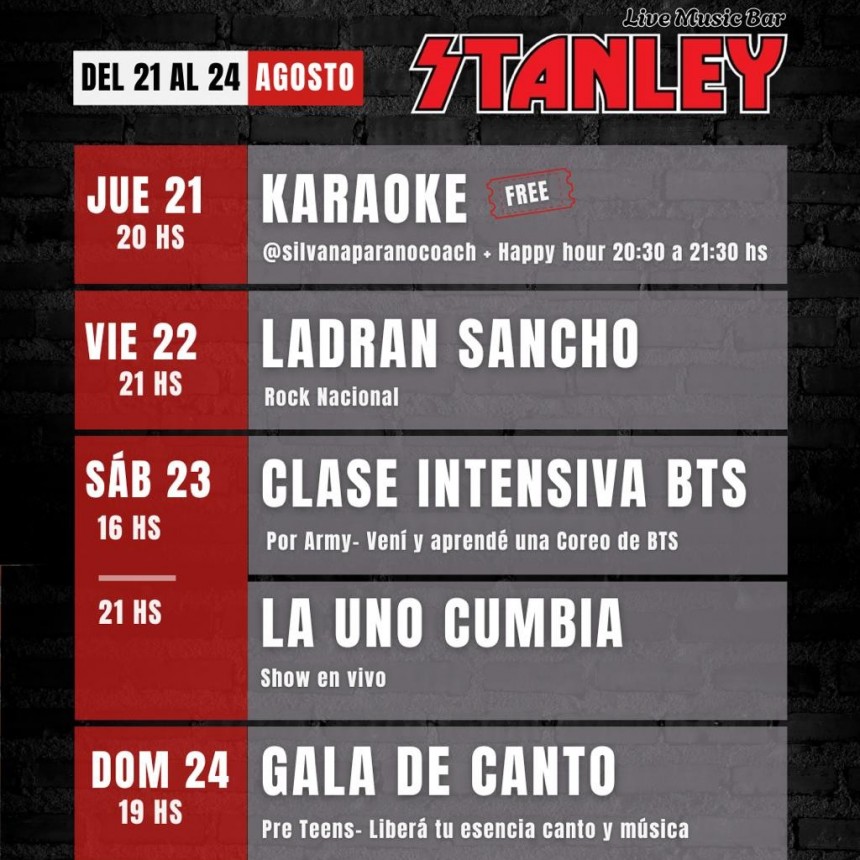 Programación de STANLEY BAR para esta semana