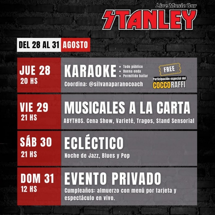 Programación de Stanley Bar del 28/8 al 31/8