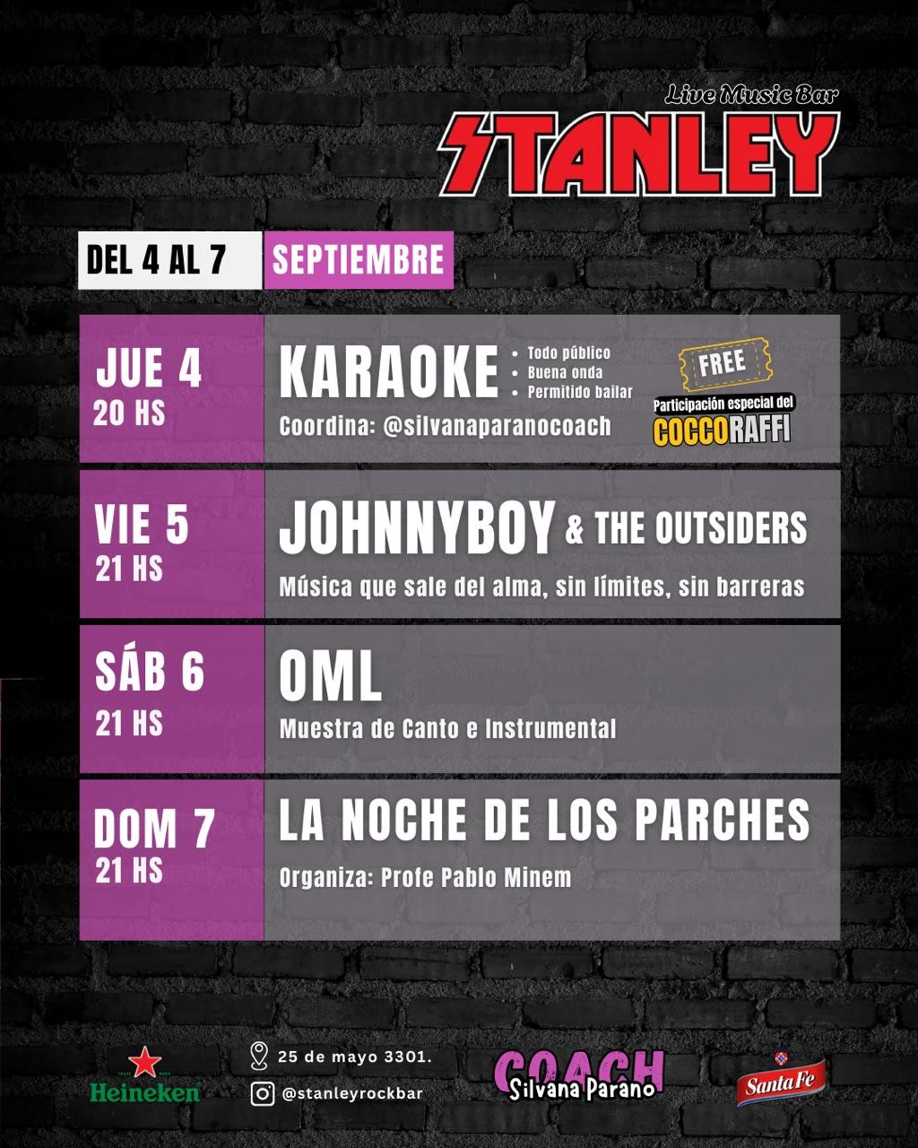 Programación de Stanley Bar del 4/9 al 7/9