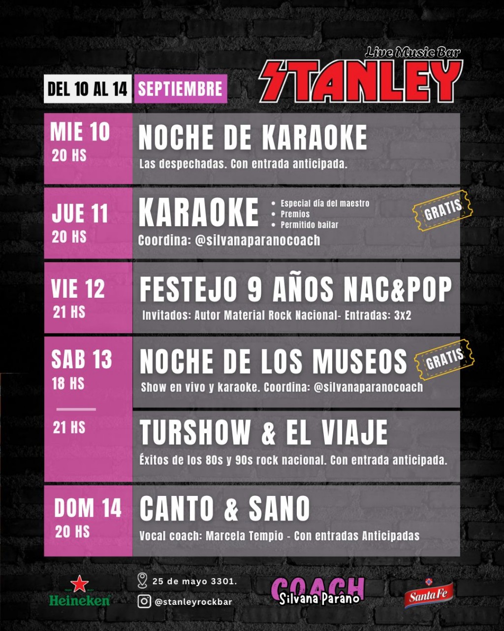 Cartelera de Stanley Bar: del 10 al 14 viví una semana a puro karaoke, rock y shows en vivo 🔥