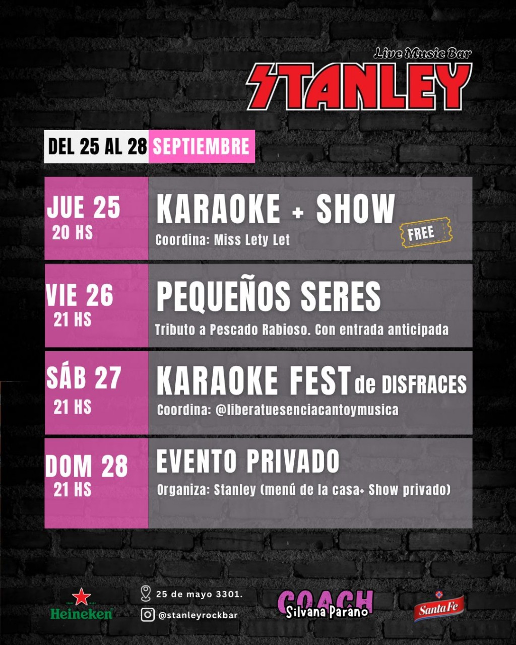Programación de Stanley Bar del 25/9 al 28/9