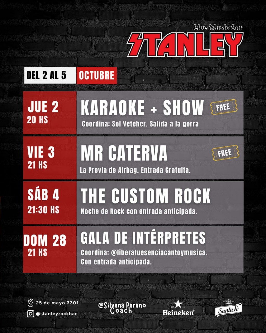 🔥 Octubre arranca con todo en Stanley Rock Bar 🎤🎸 Del 2 al 5 de octubre 