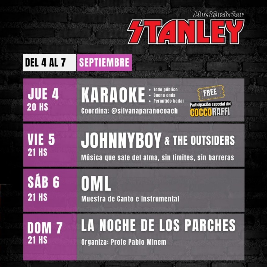 Programación de Stanley Bar del 4/9 al 7/9