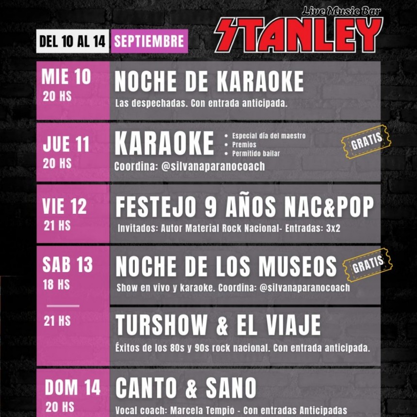 Cartelera de Stanley Bar: del 10 al 14 viví una semana a puro karaoke, rock y shows en vivo 🔥