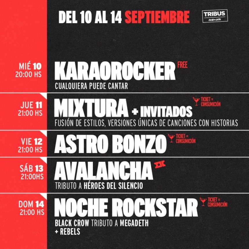 AGENDA SEMANAL TRIBUS CLUB DE ARTE:  MIÉRCOLES 10 A DOMINGO 14 DE SEPTIEMBRE