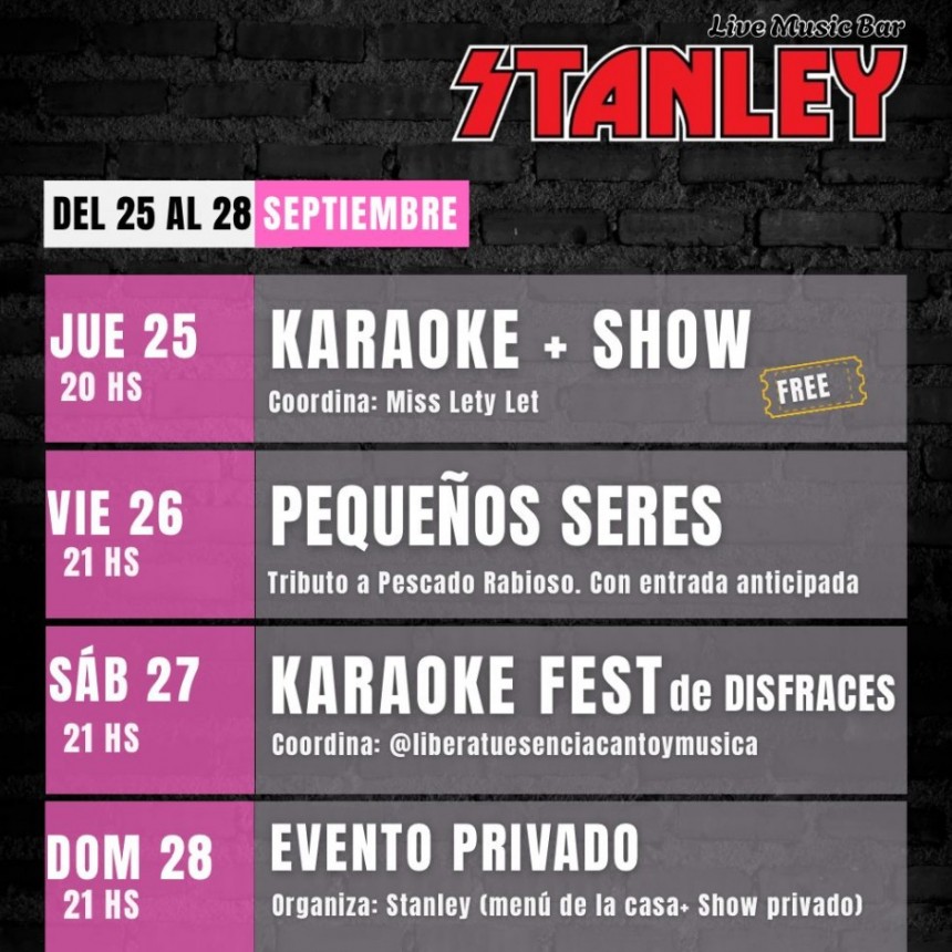 Programación de Stanley Bar del 25/9 al 28/9