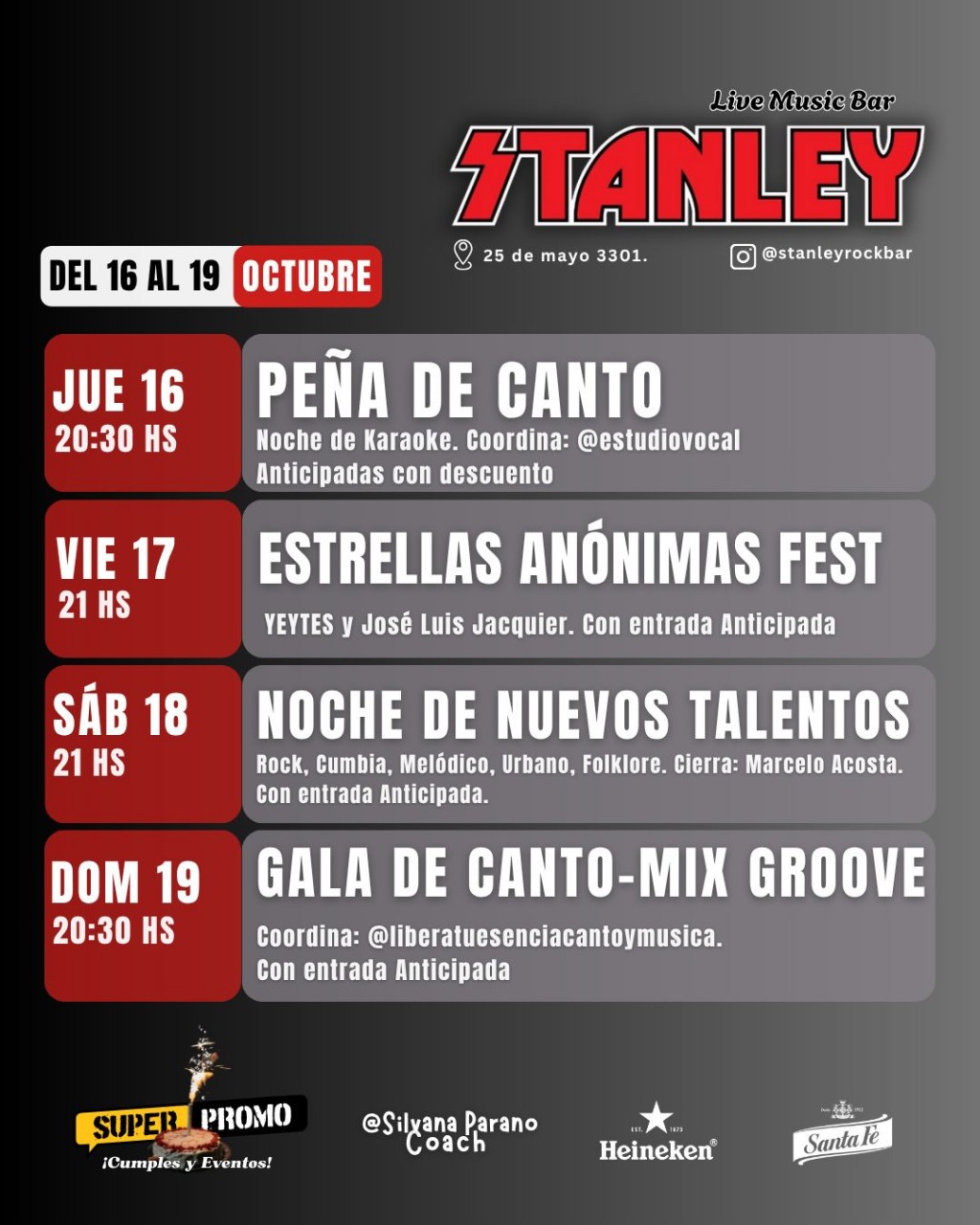 AGENDA MUSICAL DEL 16 AL 19 DE OCTUBRE EN STANLEY