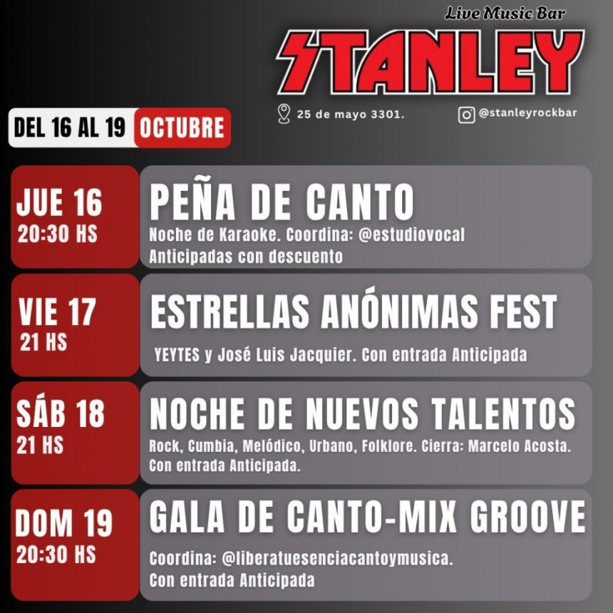  AGENDA MUSICAL DEL 16 AL 19 DE OCTUBRE EN STANLEY