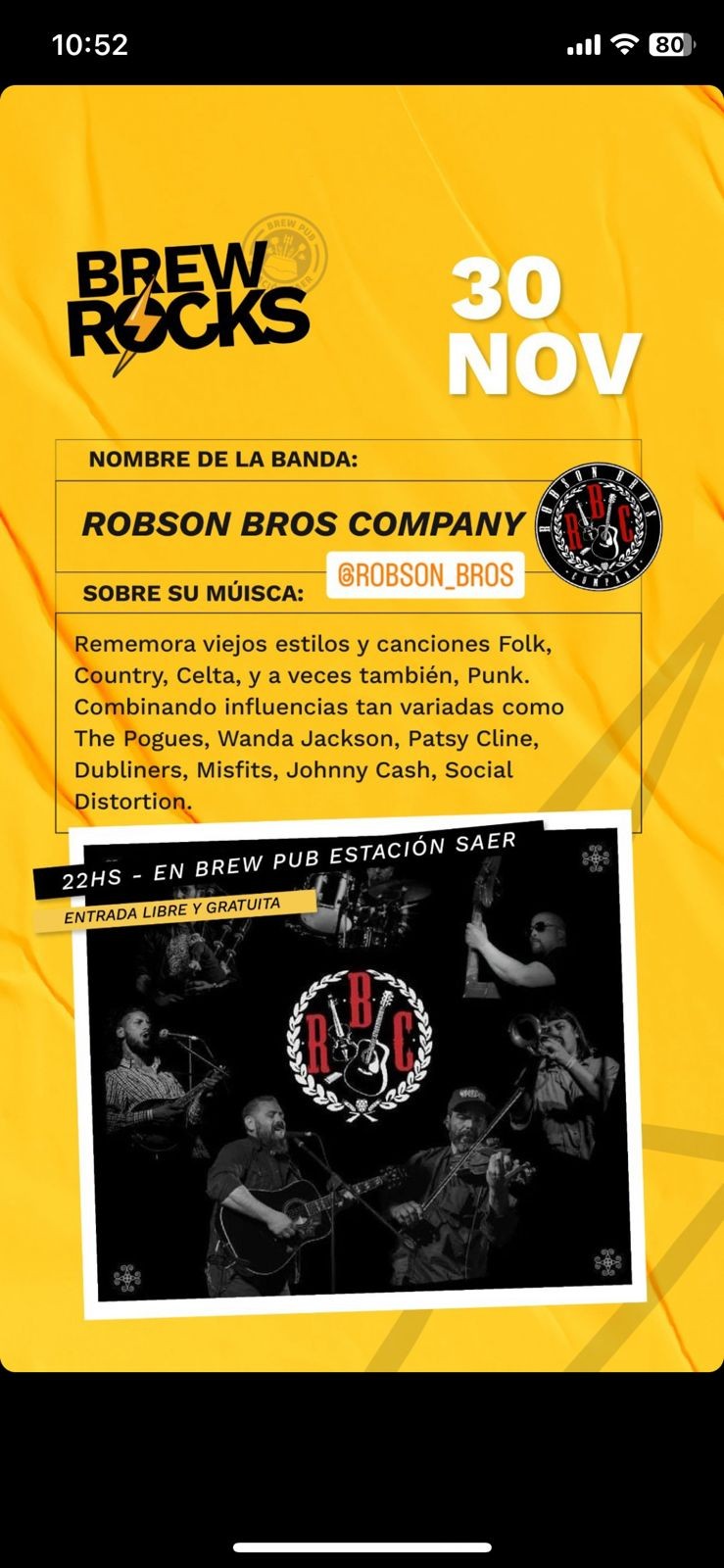 30/11 - Brew Rock presenta a Robson Bros Company
