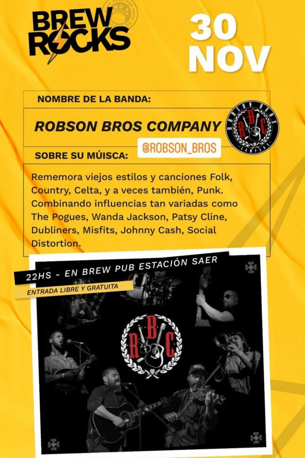 30/11 - Brew Rock presenta a Robson Bros Company