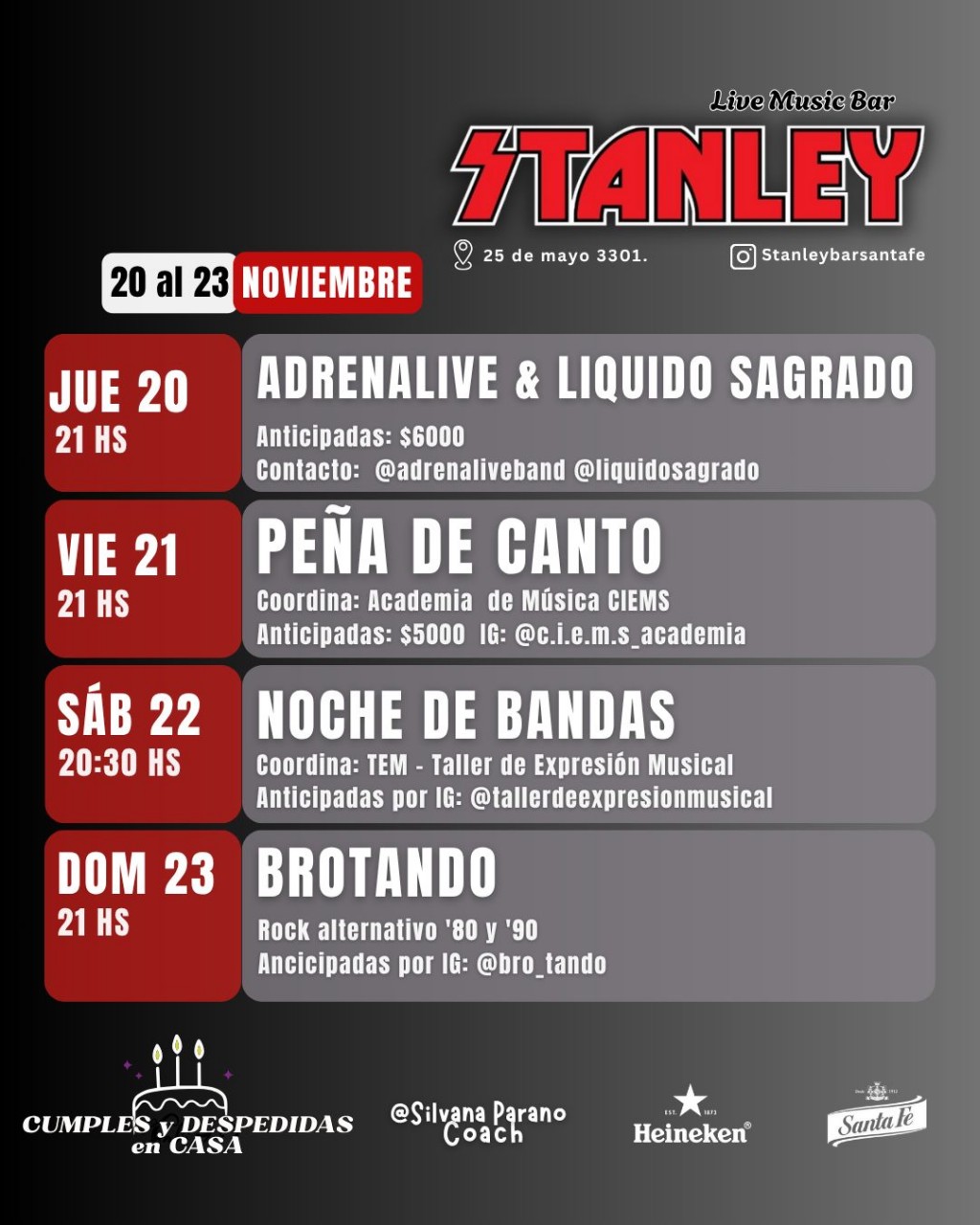 📅 AGENDA STANLEY BAR | 20 AL 23 DE NOVIEMBRE