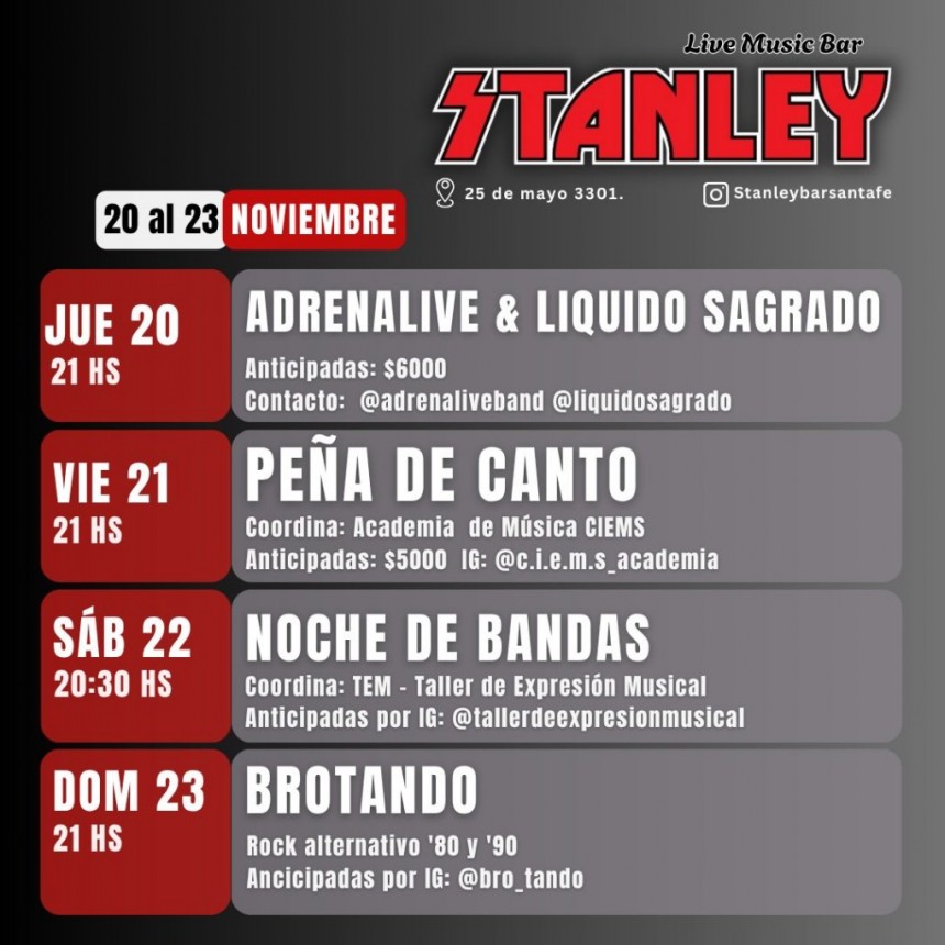 📅 AGENDA STANLEY BAR | 20 AL 23 DE NOVIEMBRE