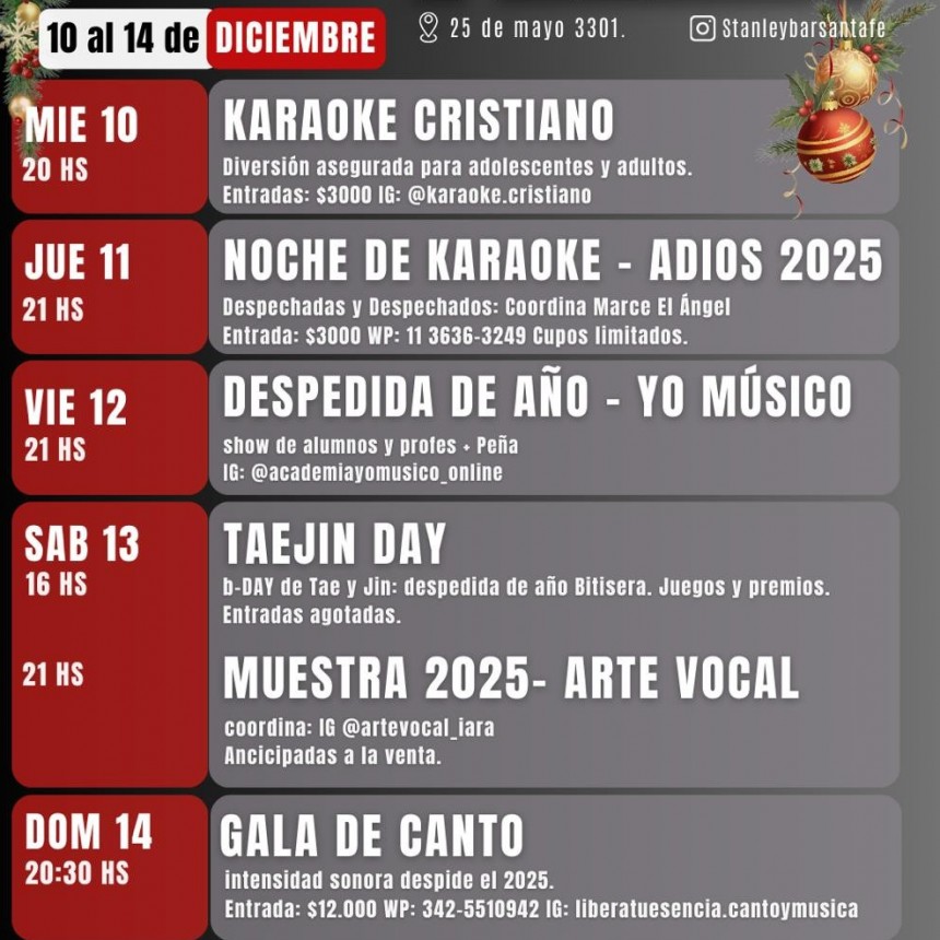 ¡Se viene una semana explosiva en Stanley! 🎤✨ Del 10 al 14 de diciembre